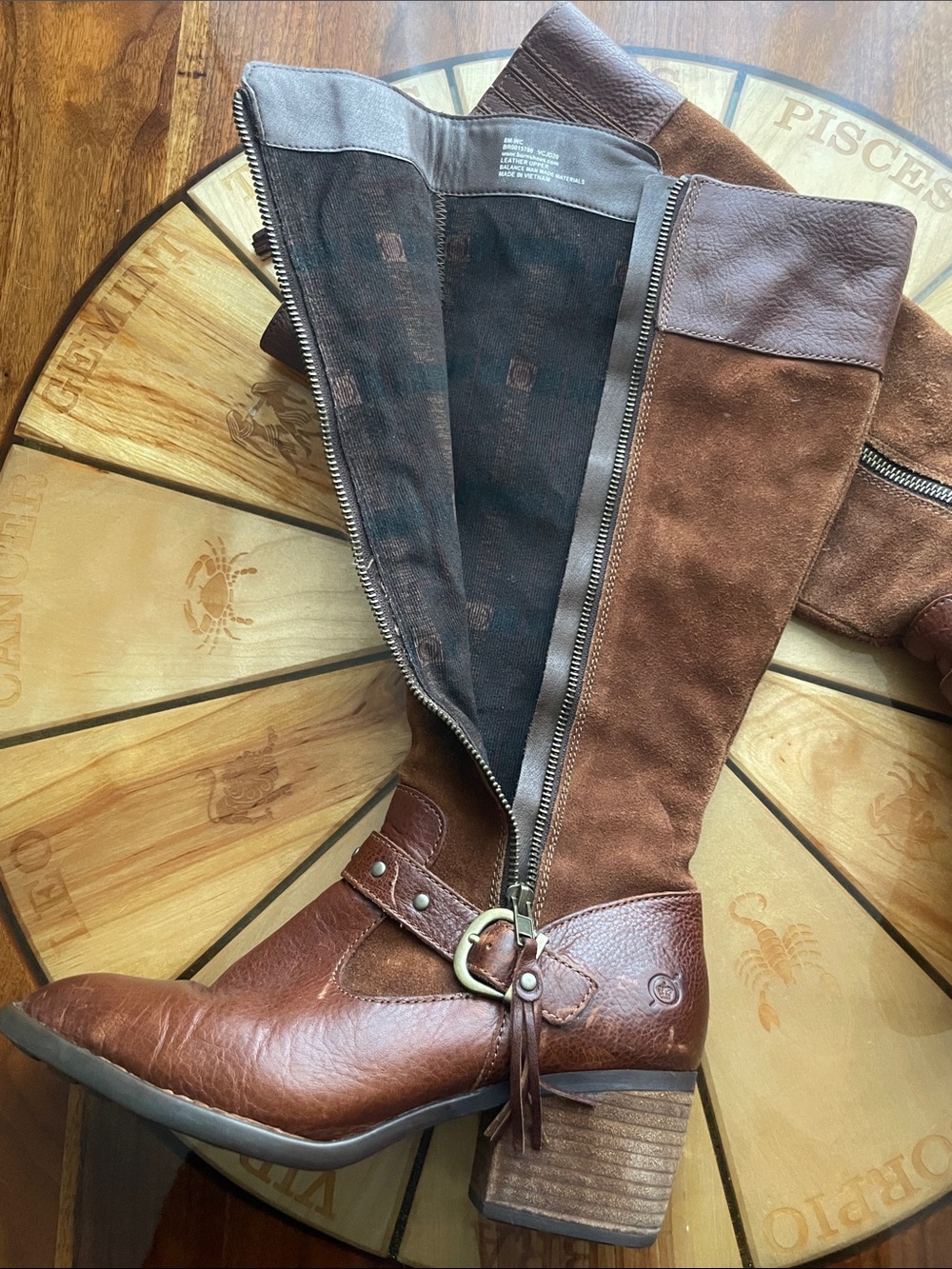 Born Alize Wide Calf Knee High Double Zip Brown Leather Suede Western Riding - Picture 5 of 11
